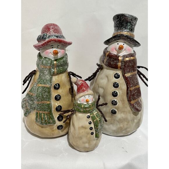 VINTAGE CHRISTMAS DECOR pottery SNOWMAN FAMILY W/ MIRROR HAND PAINTED Country - Picture 2 of 16